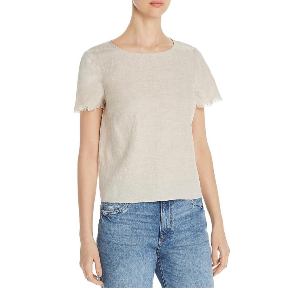 Vince Camuto Linen Frayed Sleeves Pullover Natural Casual Top Women’s Size M NWT